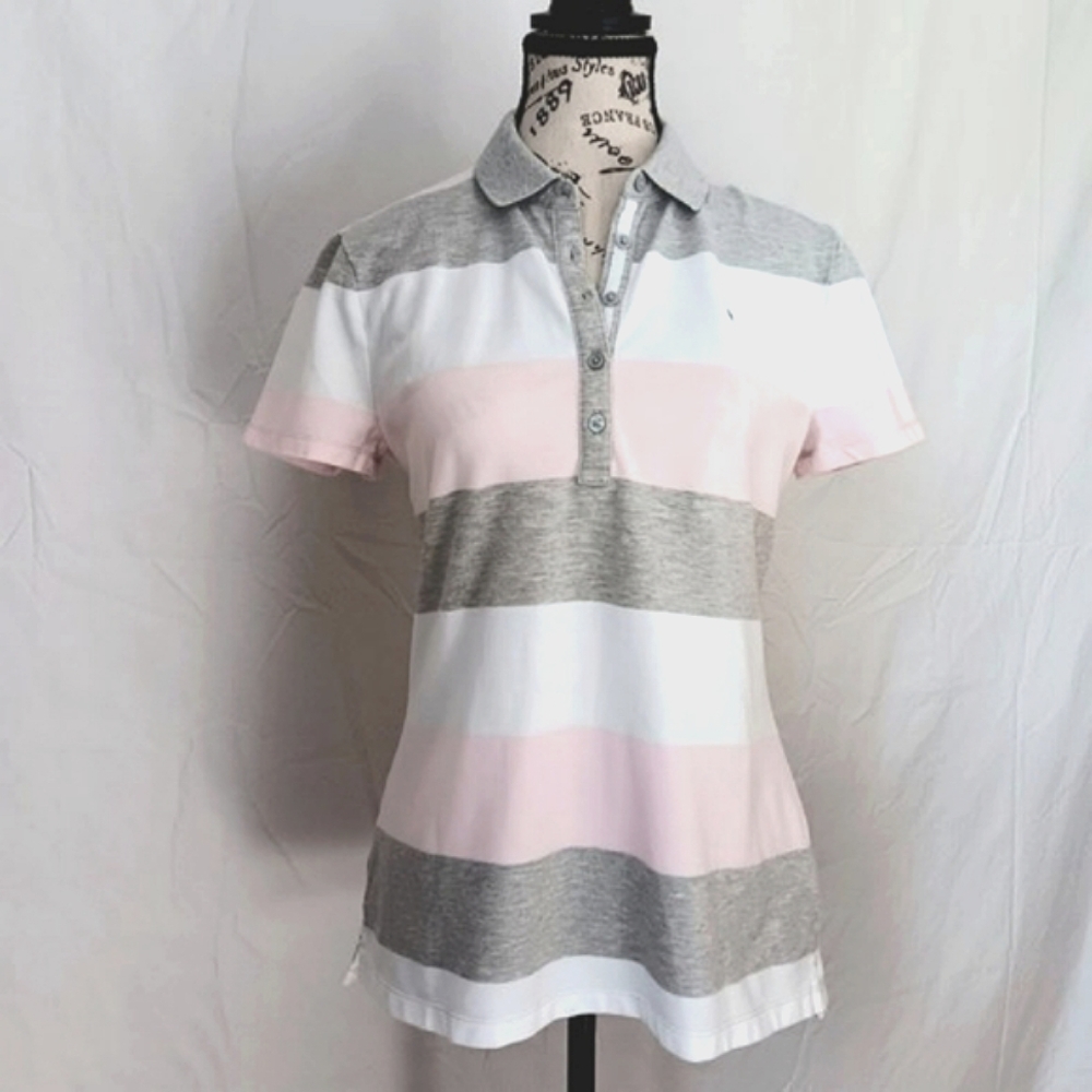 NWOT Tommy Hilfiger Cotton Polo Shirt Pink Grey White Striped Golf Top Preppy S